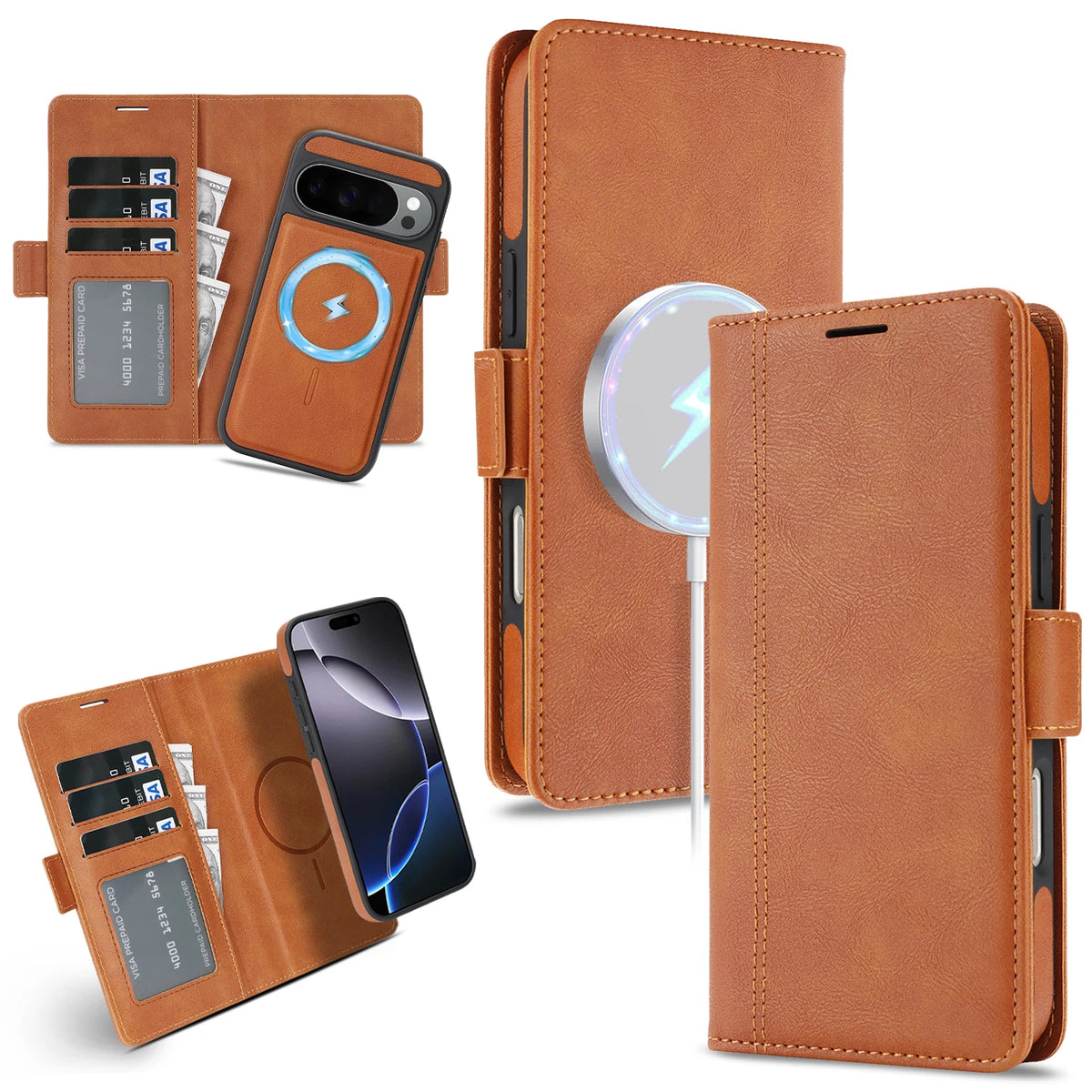 2 In 1 Leather Case For Google Pixel 9 9a 9Pro 10 Pro 10Pro XL Cash Card Slots Wireless Charging Magnetic Wallet Phone Cover
