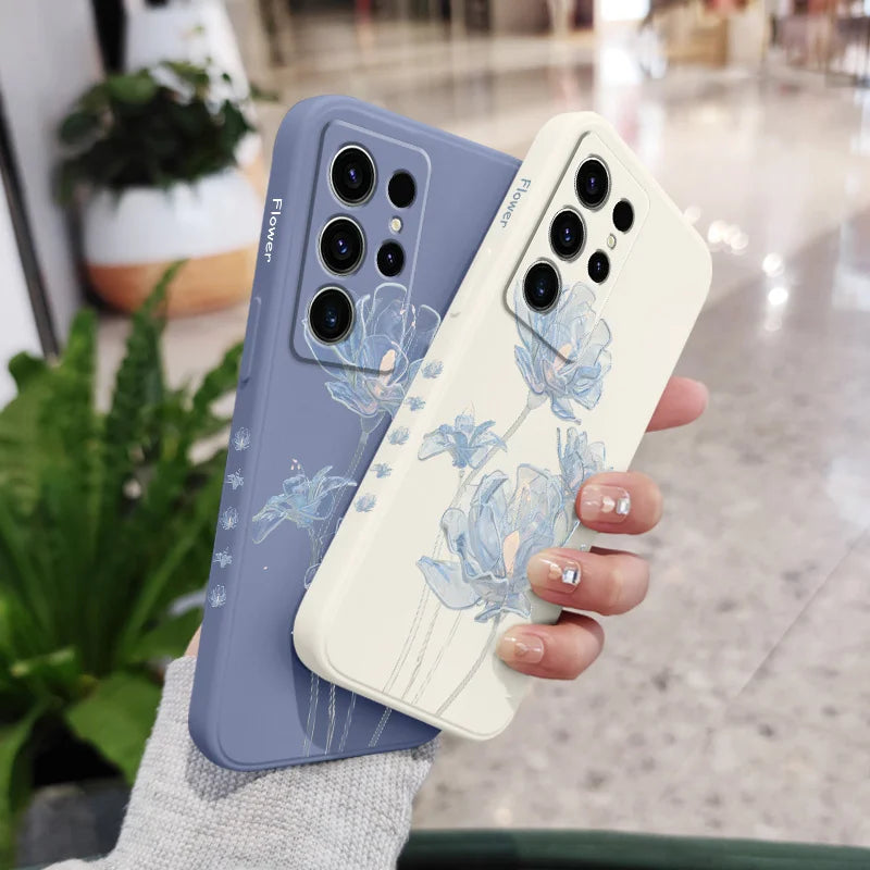 Simple Crystal Flower Phone Case For Samsung Galaxy S25 S24 S23 S22 S21 S20 S10 S10E Ultra Plus FE Note 20 Ultra 10 Plus Cover