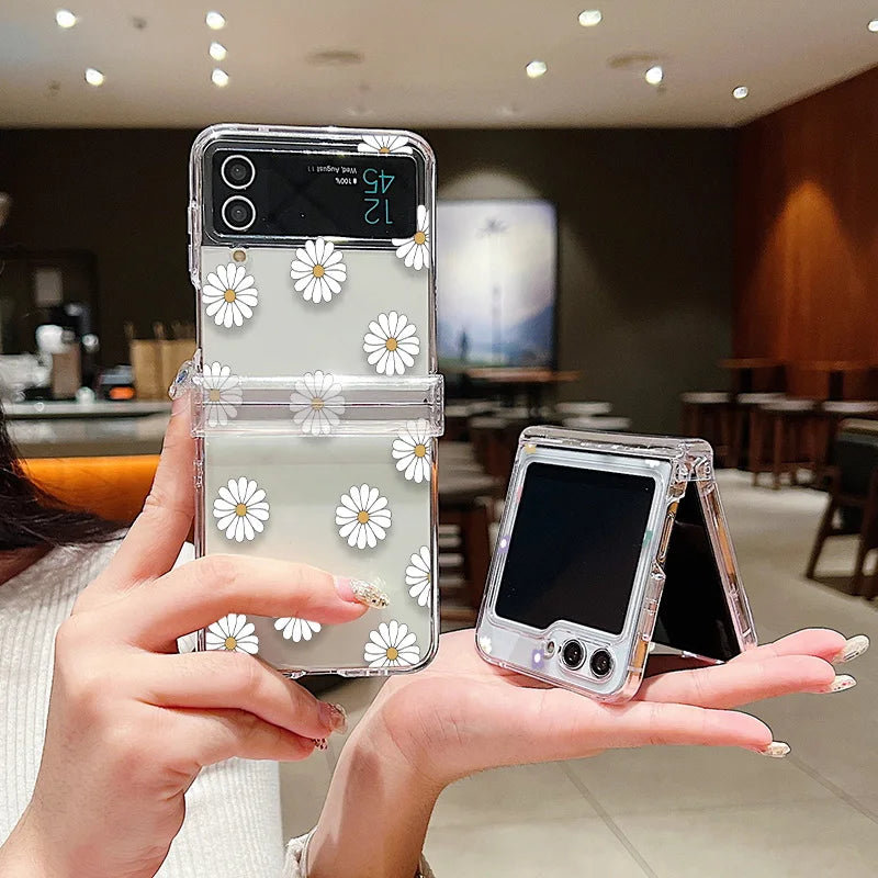 Transparent Love Flower Phone Case For Samsung Galaxy Z Flip8 Flip7 FE Flip 8 7 6 5 4 3 5G Flip5 Flip6 Shockproof Hard PC Cover