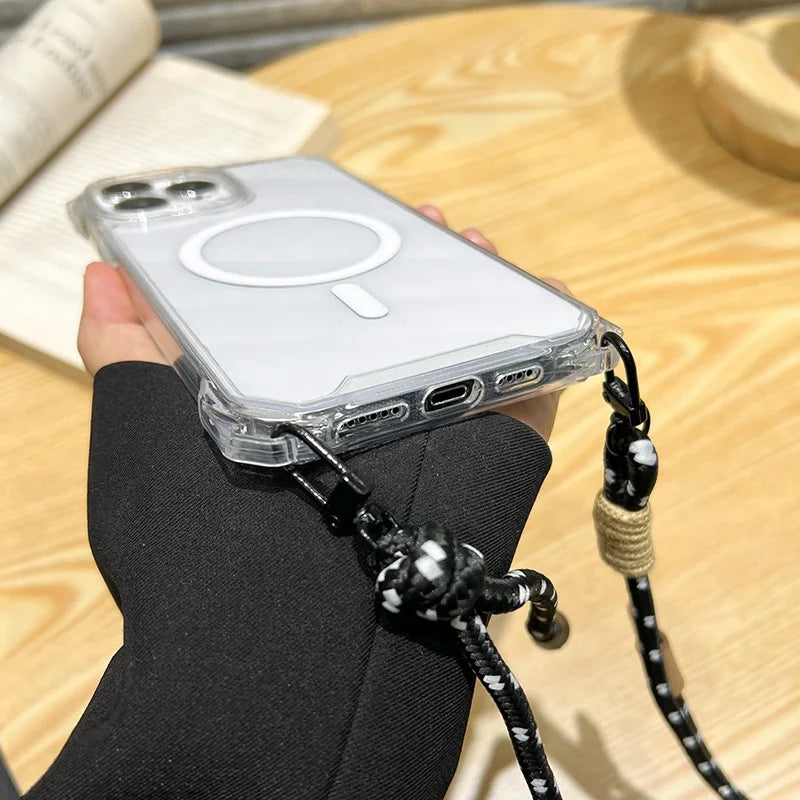 Crossbody Lanyard For Magsafe Magnetic Wireless Charge Case For iPhone 17 16 15 14 13 12 11 Pro Max Shockproof Clear Cover Funda