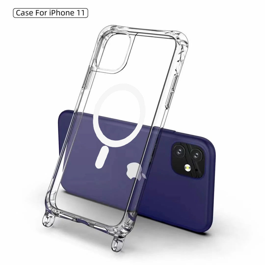 Crossbody Lanyard Clear Magnetic Case For iPhone 15 Pro 16 14 13 12 Pro Max For Magsafe Shockproof Acrylic Hard PC Back Cover