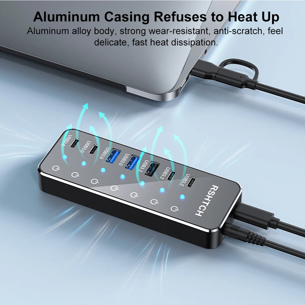 RSHTECH 7-IN-1 USB Hub 10Gbps Data Transfer Individual Touch Switches USB-C Extension Splitter for Laptops Computer Accessories