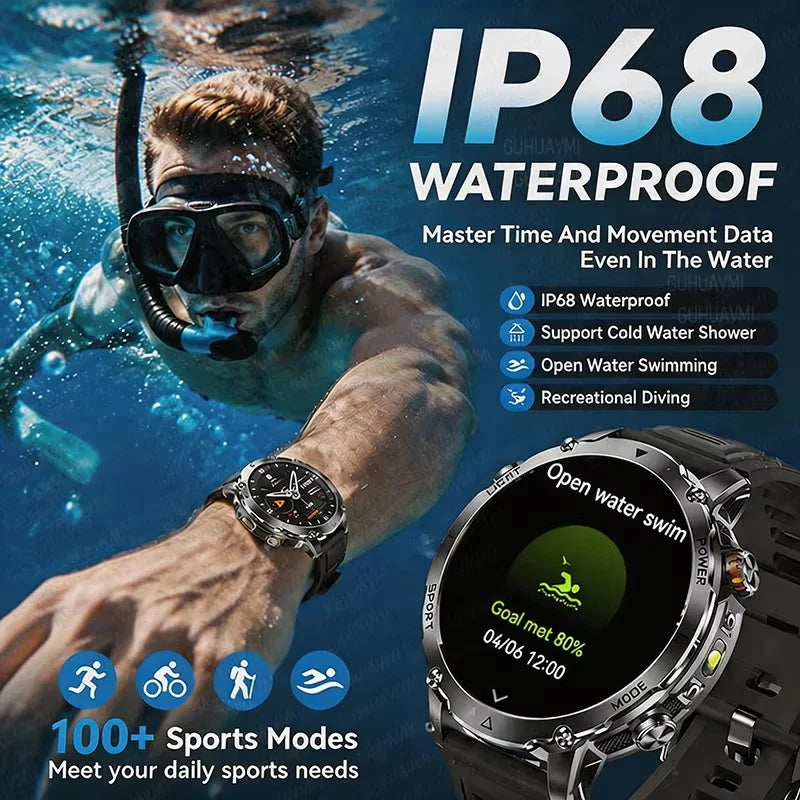 NEW Military 1400mAh Battery SmartWatch Men Outdoor LED Flashlight IP68 Waterproof Heart Rate SOS Bluetooth Call Sports Bracelet