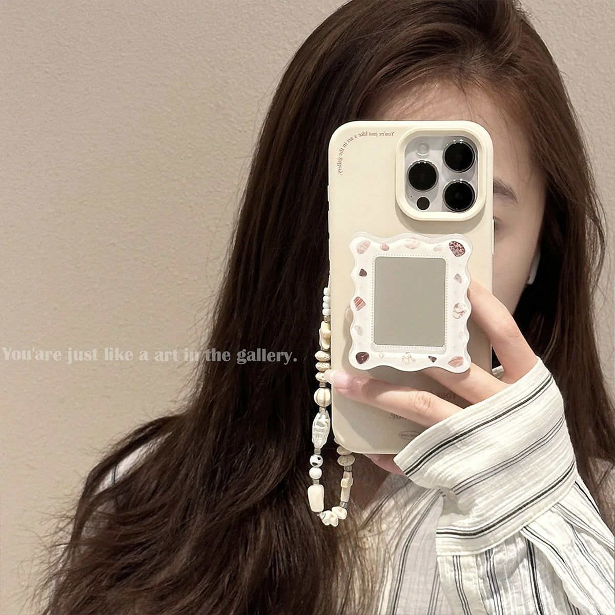 Vintage French Mirror Phone Case with Beaded Wrist Strap for iPhone 16 15 14 13 12 Pro Max Aesthetic Cream Shell Pearl Design