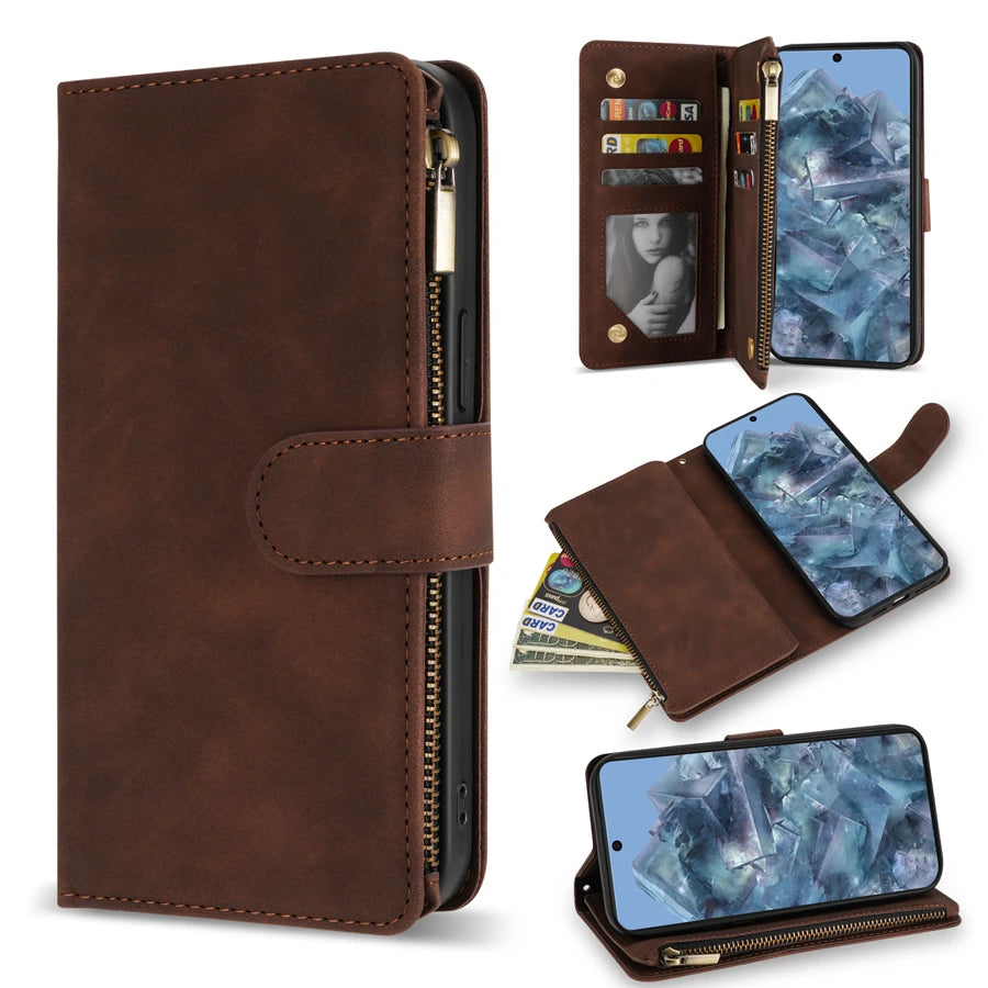 Wallet Multi-card Slot Zipper Magnetic Flip Leather Case For Google Pixel 10 Pro XL 9a 9Pro 8a 8 7Pro 7a 6Pro 6a Cover Shell