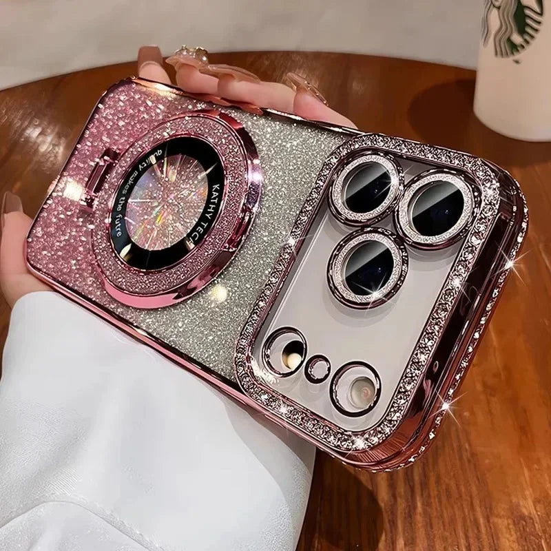 Transparent Diamond Glitter Magnetic Phone Case with Coating,Applicable iPhone 17 16 13 14 15 Pro Max Lens protection bracket ba