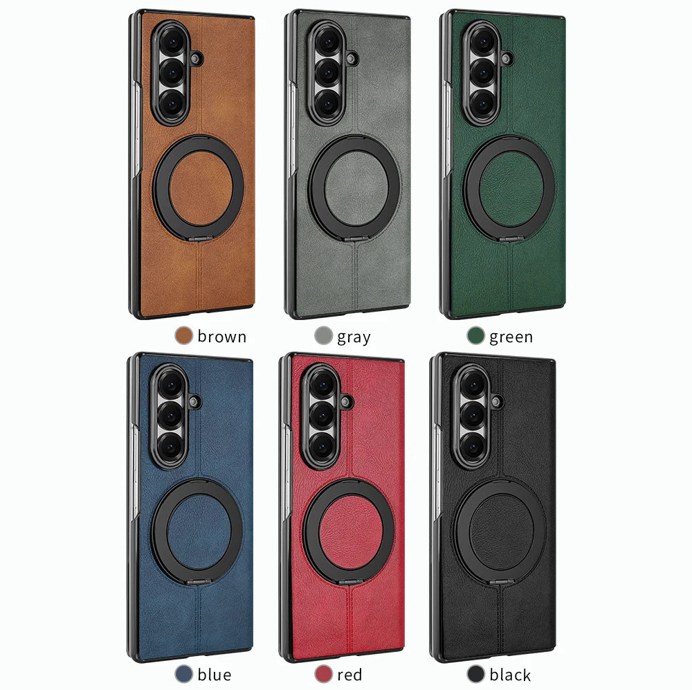 Magnetic Plain PU Leather Flip Phone Case With 360° Rotatable Ring Kickstand Holder for Samsung For Galaxy Z Fold 8 Ultra 7/6