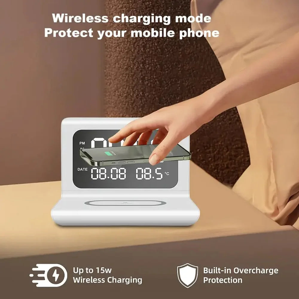 30W Wireless Charger Stand with Alarm Clock & Thermometer | Compatible with iPhone 17-11/X, SamsungS25 , Xiaomi & All Qi Phone