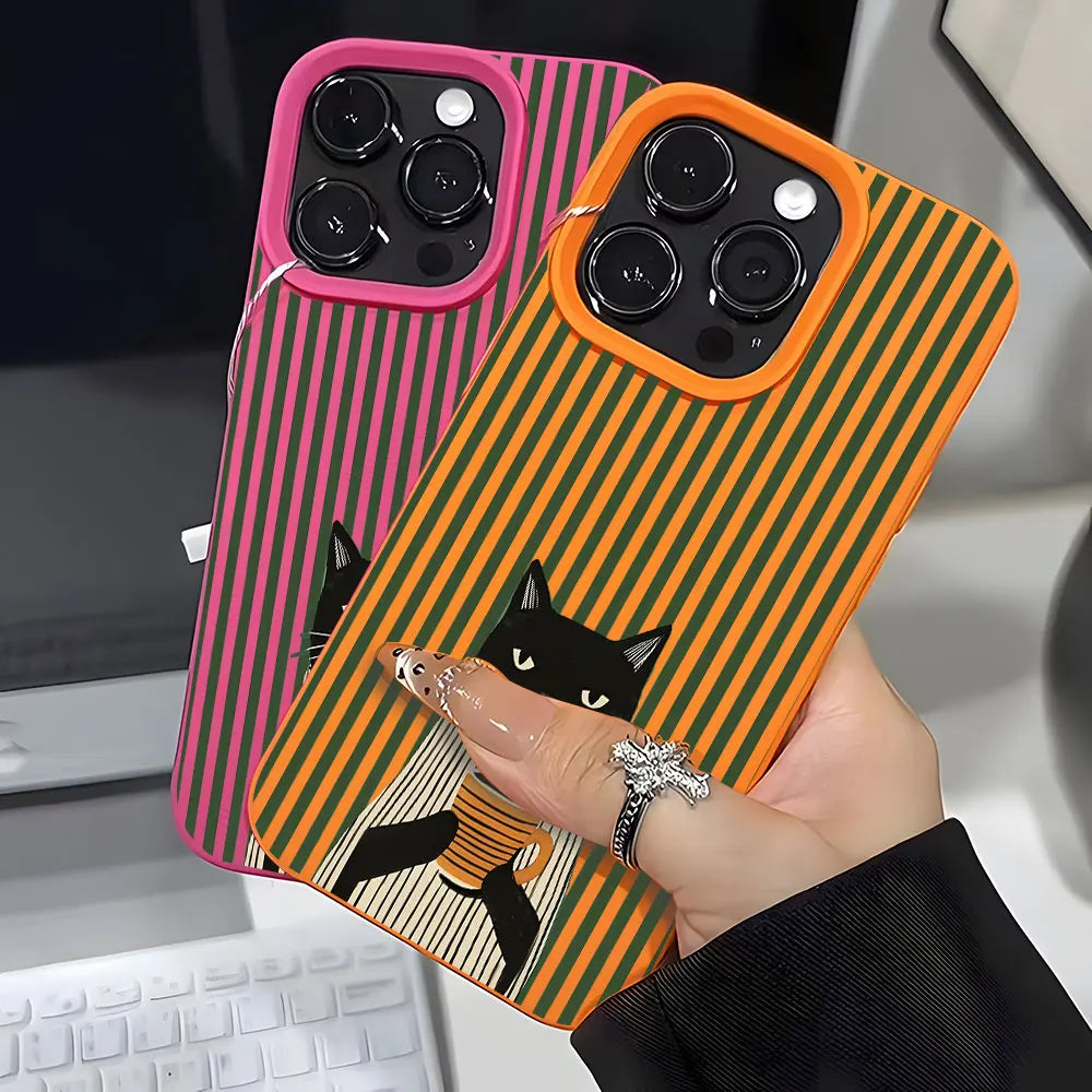 Funny Coffee Cat Pattern Lychee Soft Phone Case For iPhone 17 16 15 14 13 12 11 Pro Max 15 Plus 17 Air X Xs XR Shockproof Cover
