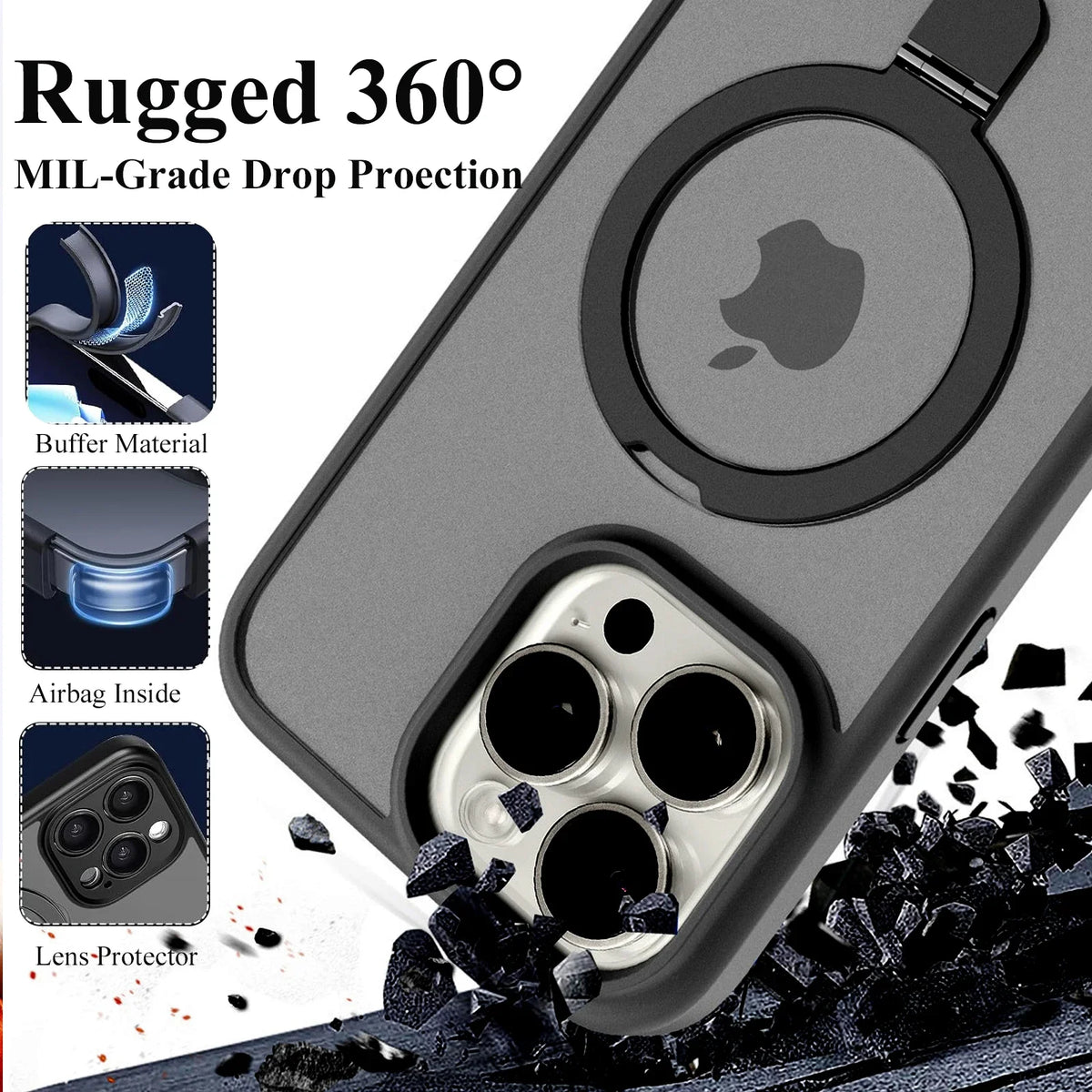 Magnetic Mobile Phone Case with Ring Stand for iPhone 17 16 15 14 Pro Max Plus 13 12 11 Cases Translucent Cover with Protector