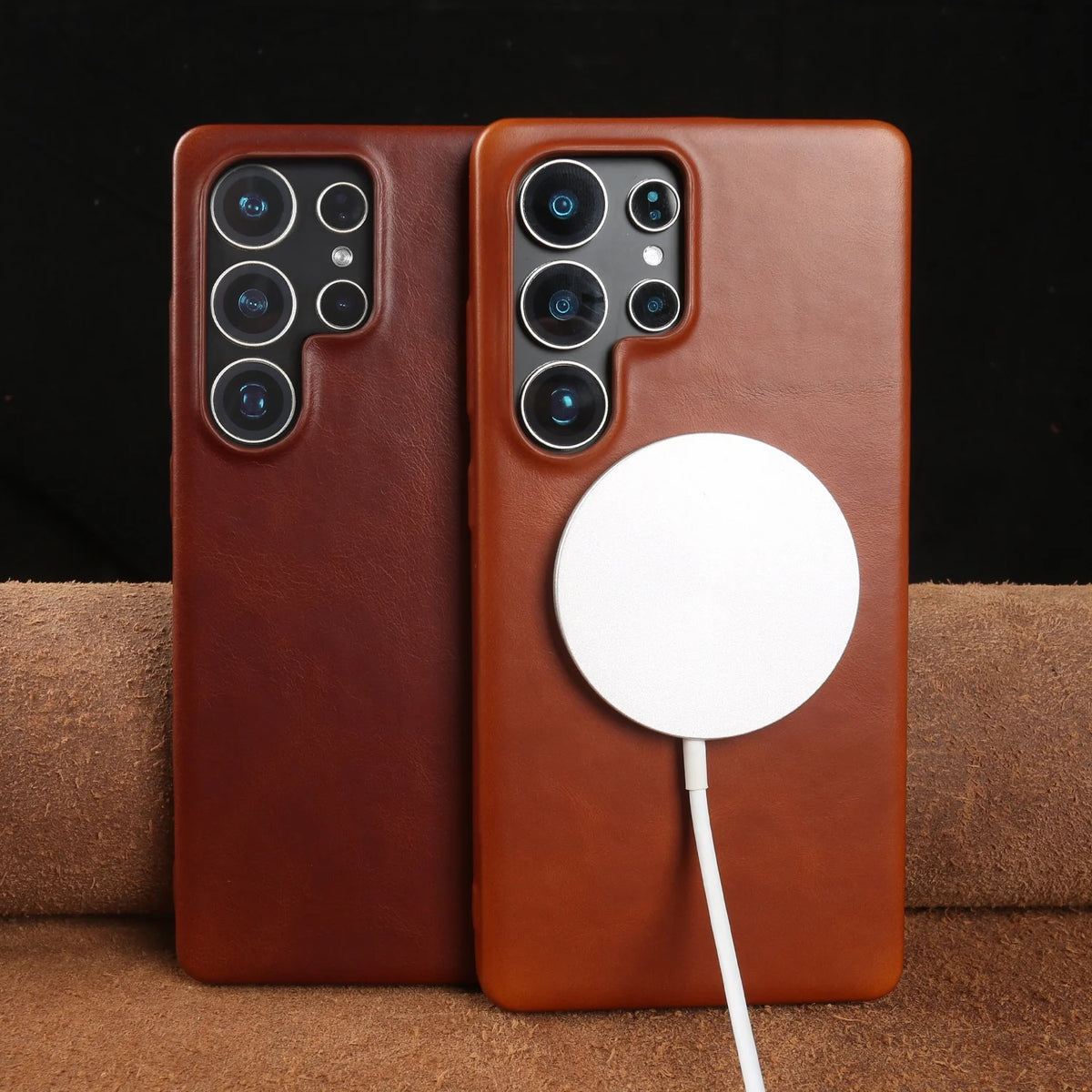 Full Wrapped Magnetic Genuine Leather Phone Case for Samsung Galaxy S25 Edge Cases S24 S23 S22 S21 S26 Wireless Charging Cover