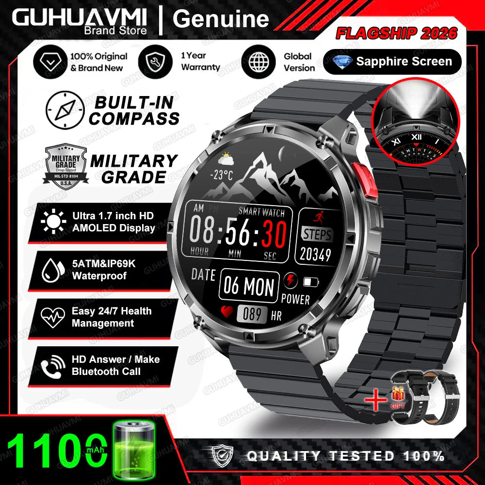 2026 New 1100mah AMOLED Smart Watch Men 170+Sport Fitness LED Flashlight IP69 Waterproof Bluetooth call GPS track Smartwatch iOS