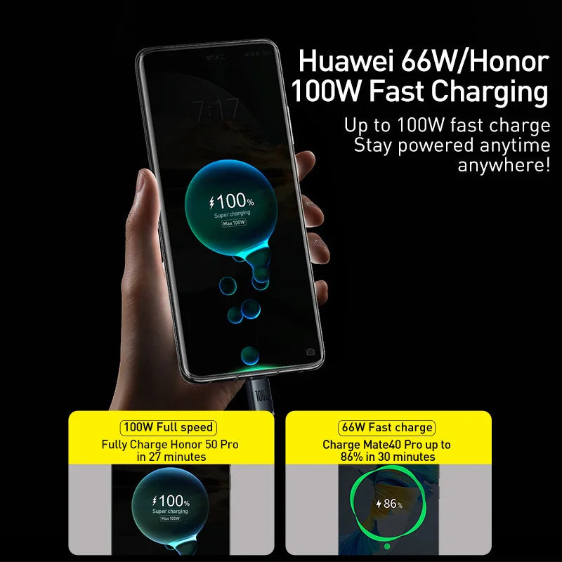 Baseus 6A USB Type C Cable For Realme Huawei P40 Pro 66W Fast Charging Wire USB-C Charger Data Cord For Samsung Oneplus Poco F3