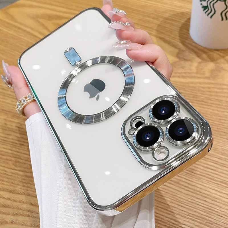 Magnetic Plating Case For iPhone 15 16 14 17 13 12 18 Pro Max Air Camera Lens Protector Glass For Magsafe Wireless Charger Cover