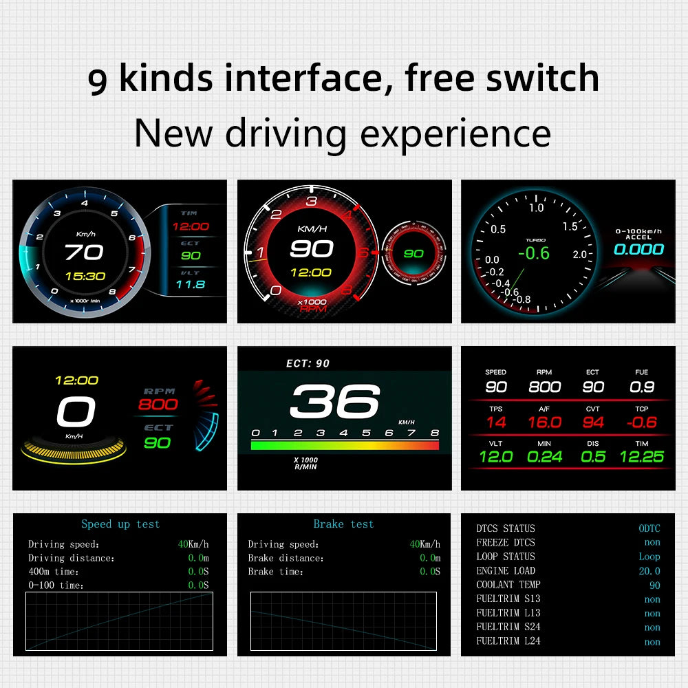 F9 OBD For HUD Smart Head Up Display Gauge Speedometer Tachometer Water Temp Voltage Alarm Turbo Oil Temp Air-fuel Ratio Gauge