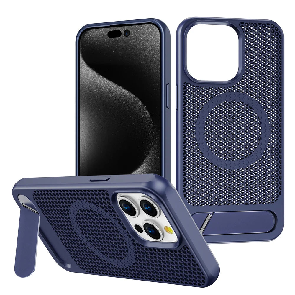 Luxury Cooling Stand Magnetic Phone Case For iPhone 17 16 15 14 11 12 13 Pro Max Heat Dissipation Plain Color Shockproof Cover
