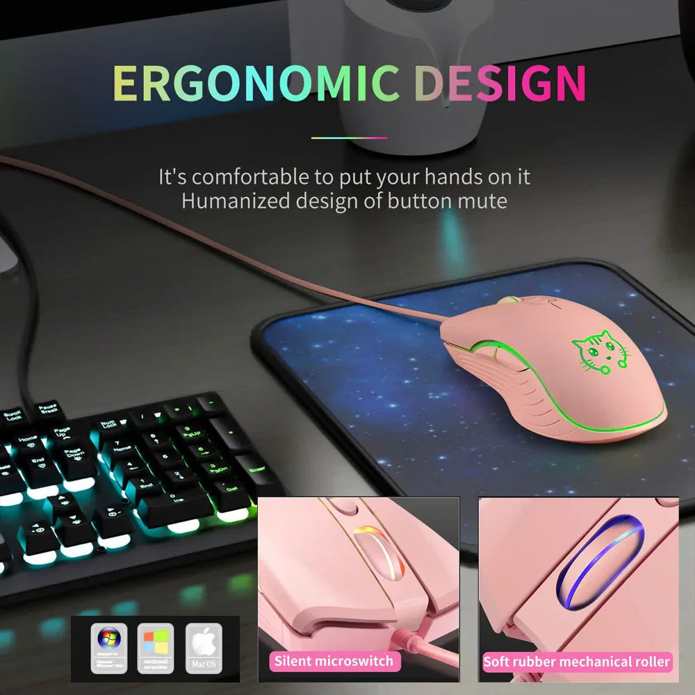Wired USB Gaming Mouse Pink Computer Professional E-sports Mause 2400 DPI Colorful Backlit Silent Mice for Laptop Pc Mac