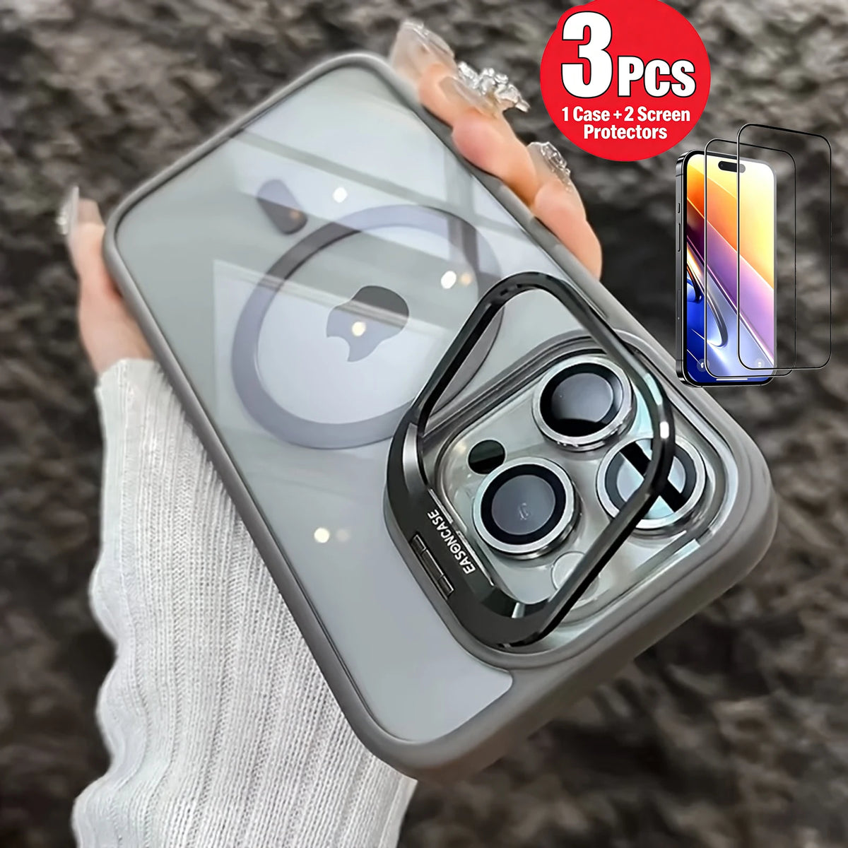 3 Pieces Set: 1 Magnetic Wireless Charging Compatible Case with Foldable Camera Bracket, Shockproof + 2 HD Anti-fingerprint Anti-scratch Tempered Glass Screen Protectors for iPhone 17 16 15 14 13 12 11 Pro Max, Ideal Mobile P