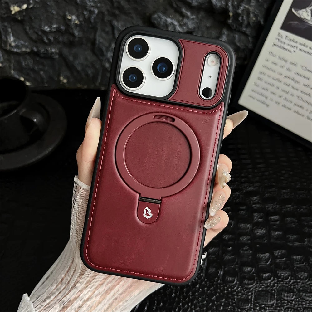 Luxury Magnetic Stand Ring PU Leather Case For iPhone 17 Air 16 Pro Max 15 14 13 12 Magsafe Wireless Charging Hollow Logo Cover