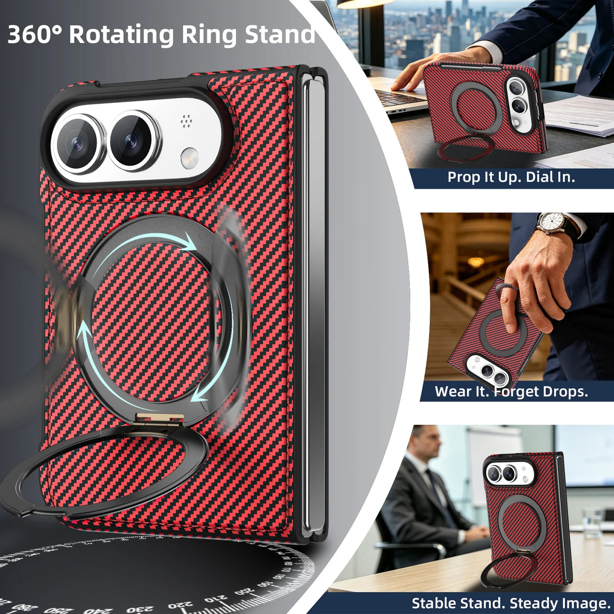 For iPhone Duo Case Luxury Carbon Fiber Texture Magnetic 360 Rotating Ring Holder Shockproof Protection Back Cover Accessories