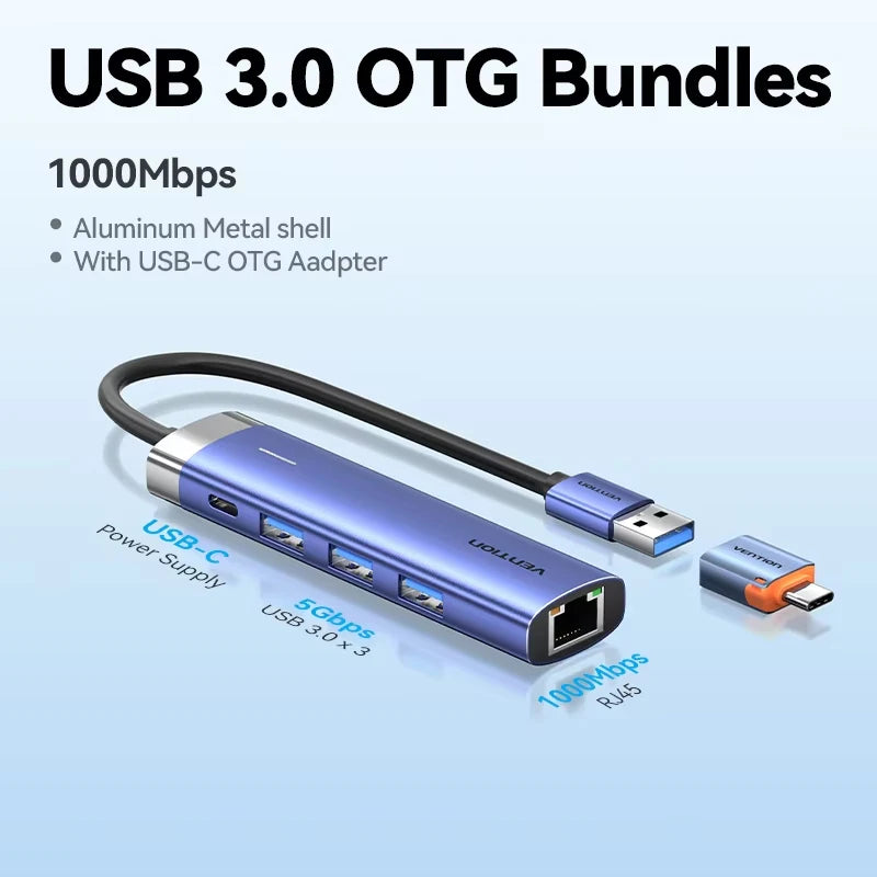 Vention USB 3.0 Ethernet Adapter HUB RJ45 1000Mbps Lan for MacBook Laptop Lenovo Windows PC USB C HUB 3.0 Ethernet HUB Switch