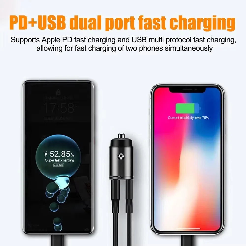 100W Metal Alloy Mini Car Charger Car USB Charger Super Fast Charging Dual Ports USB-A USB-C Hidden Phone Car Charger Adapter