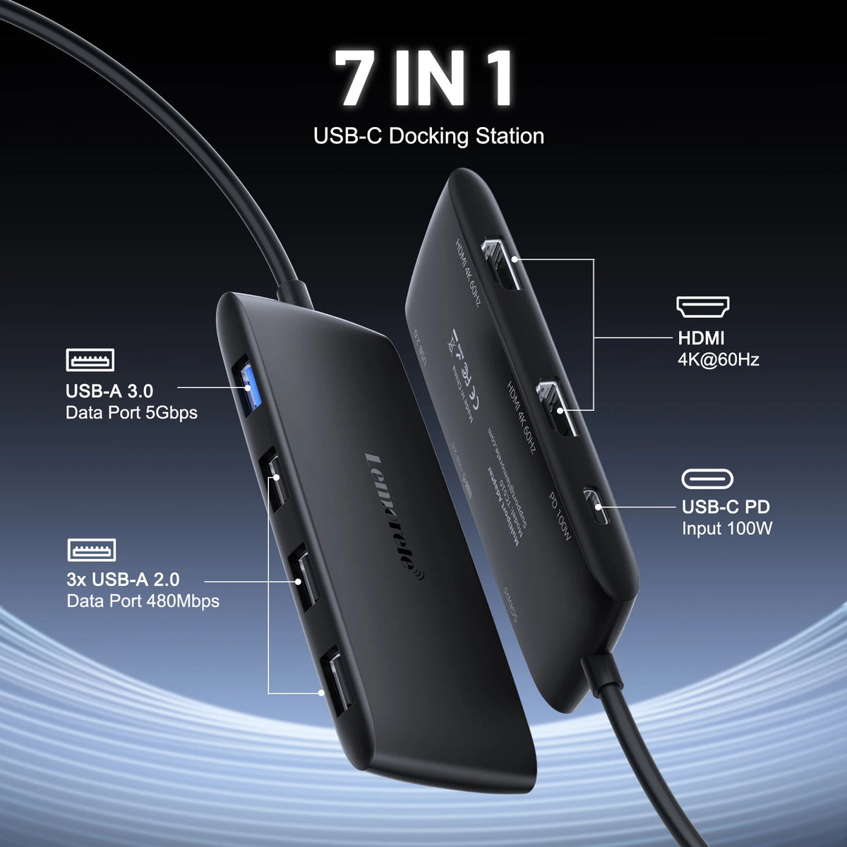 Lemorele TC510 7-in-1 USB-C Docking Station USB Hub Adapter USB C to Dual HDMI 4K@60Hz for Windows MacBook Air Laptop