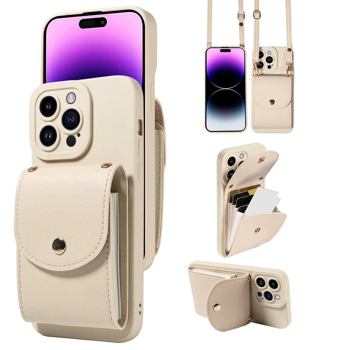 faux Leather Phone Case for IPhone17 16 15 14 13 12 11Pro Max PlusMini E Air All inclusive Lens Protection with Lanyard Card Bag