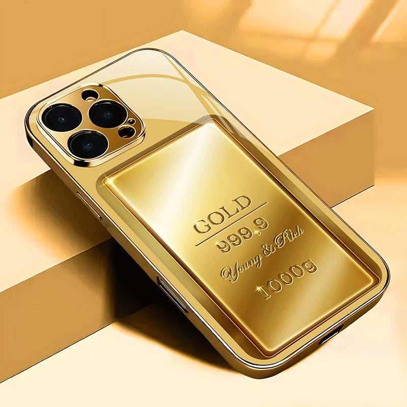 Gold Pure Gold Bar Pattern Gold Metallic Paint Glass Phone Case For iPhone 17 Pro Max 11 12 13 14 15 16 Plus 17 Air 16E Cover
