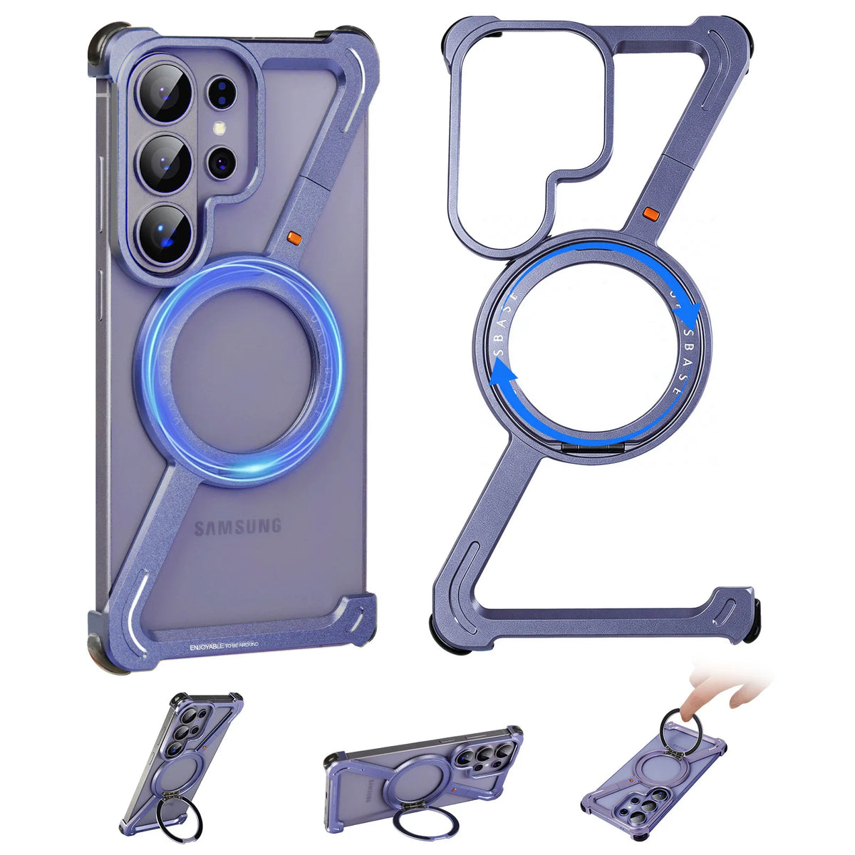 Eary Z Shape for Samsung Galaxy S26 Ultra Phone Case Frameless Metal Protective Case 360°Rotate Magnetic Stand Shockproof Cover