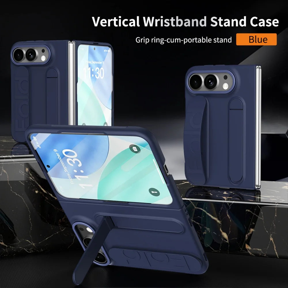 For iPhone Duo Cases Luxury Wrist Strap Bracket Stand Holder Case for iPhone Duo 18 Fold Solid Color Built-in Front Film Cover