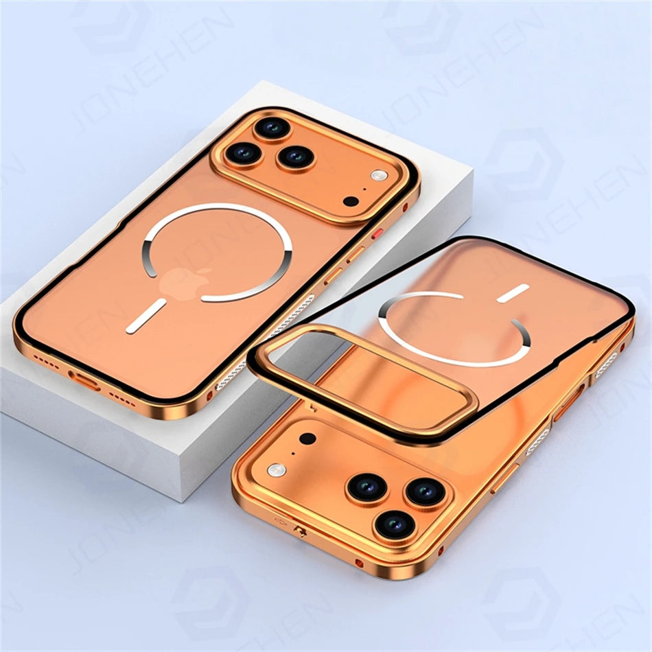 Metal Magnetic Suction Case For iPhone 17 Pro Max Air 16 15 14 13 Orange Aluminum Alloy Frame Anti-fall Matte Cover For Magsafe