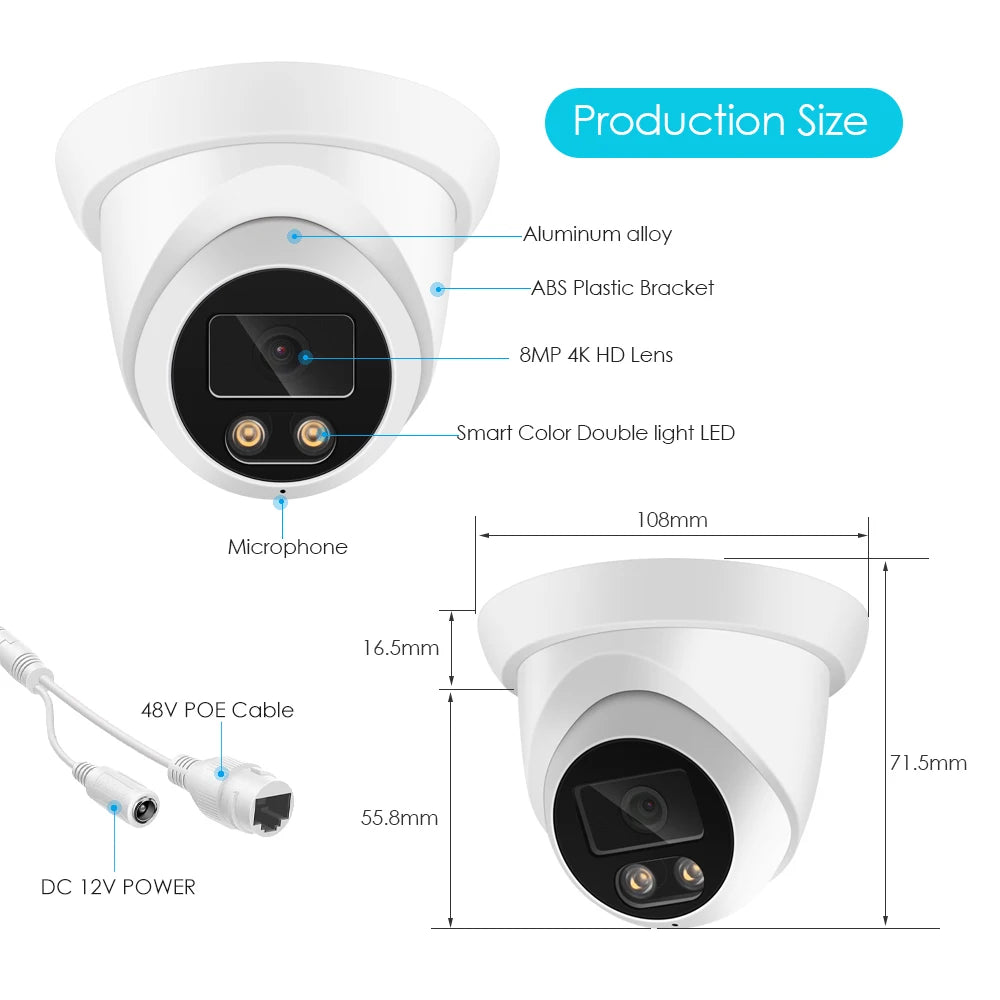 ASECAM 4K 8MP IP Camera Outdoor Audio POE H.265 Onvif Wide Angle 2.8mm AI Humanoid Detection Home CCTV Surveillance Camera