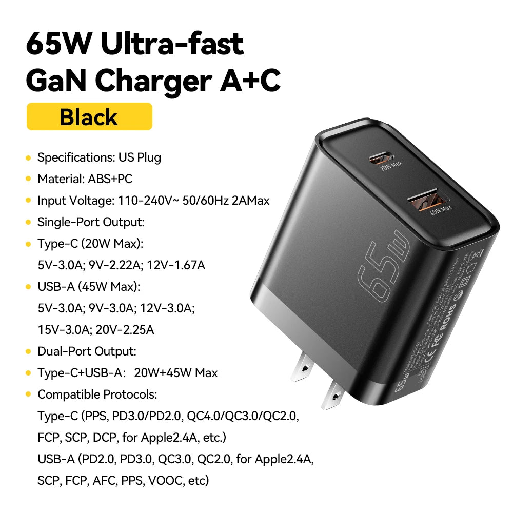 Essager 65W GaN Charger QC 4.0 PD 3.0 Type C USB Charger for iPhone 15 14 13 Pro Max Samsung Xiaomi MacBook Laptop Fast Chagers