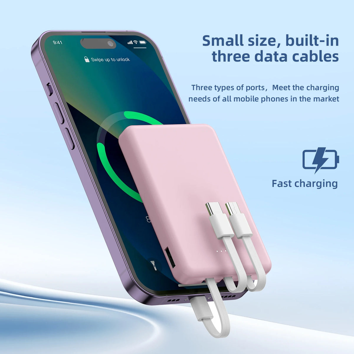 Mini 5000mAh Portable Power Bank With Built-in LED Digital Display, 1 USB-A Port and 3 Integrated Charging Cords, Ultra Compact External Battery Pack, Support Multiple Devices Simultaneous Charging Compatible With Android Sm