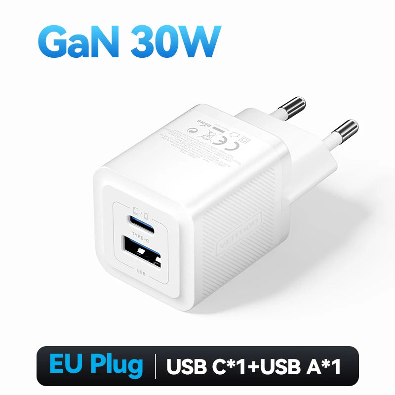 Vention GaN 30W Fast Charger for iPhone 17 16 15 14 13 PD3.0 Charger for iPad Pro Xiaomi Samsung USB Type C Mobile Phone Charger
