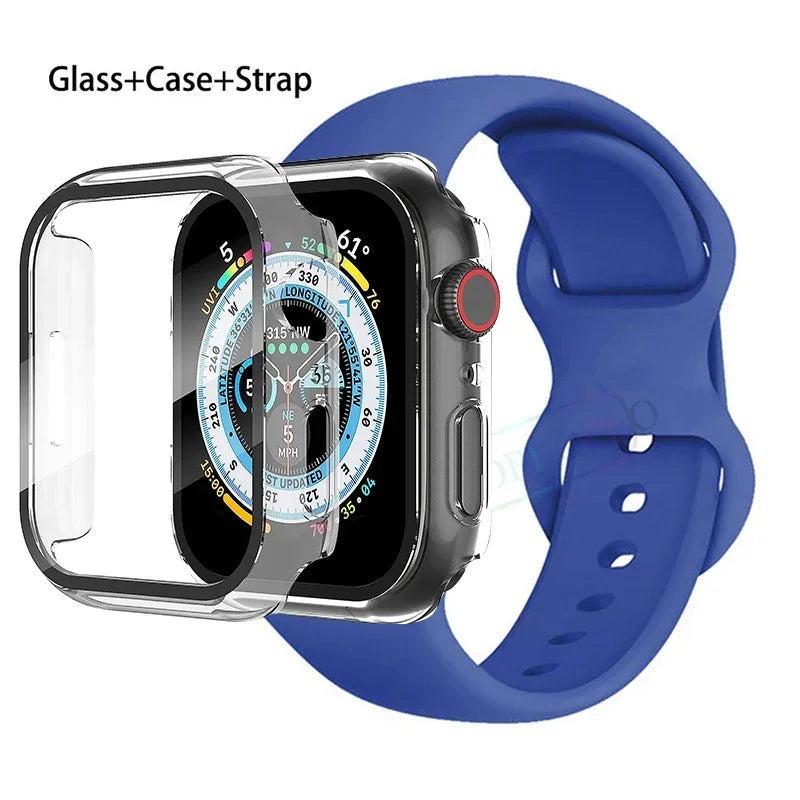 Glass+Case+Strap For Apple Watch band 44mm 41mm 45mm 40mm 38mm 42mm Silicone bracelet iWatch series 9 8 3 4 5 6 se 7 watchbands