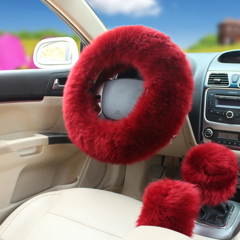 YESPLEASE 3pcs/set Wool Winter Car Steering Wheel Cover Long Australian Wool Heated Fur Handbrake Gear Shifter Cover