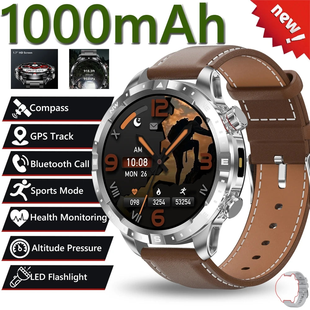 2026 New Military 1000mAh Battery Smart Watch 1.7-inch HD Large Screen LED Flashlight Sport Mode Bluetooth Call Smartwatch Men