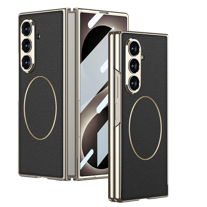 Electroplated Hard PC Leather Back Cover Case for Samsung Galaxy Z Fold 8 Ultra Fold 7 with Glass Screen Film