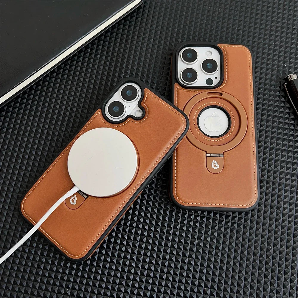 Luxury Leather Magnetic Ring Holder Case For iPhone 16 Pro Max 15 14 Plus 13 12 For Magsafe Hollow Logo Bracket Business Cover