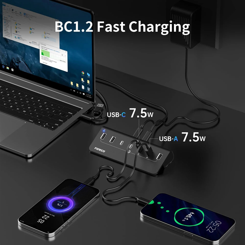 FIDECO 10Gbps USB3.2 Docking Station Hub Type C Splitter BC1.2 Charging Adapter Multi 4/7 Ports Switch For PC Laptop Accessories