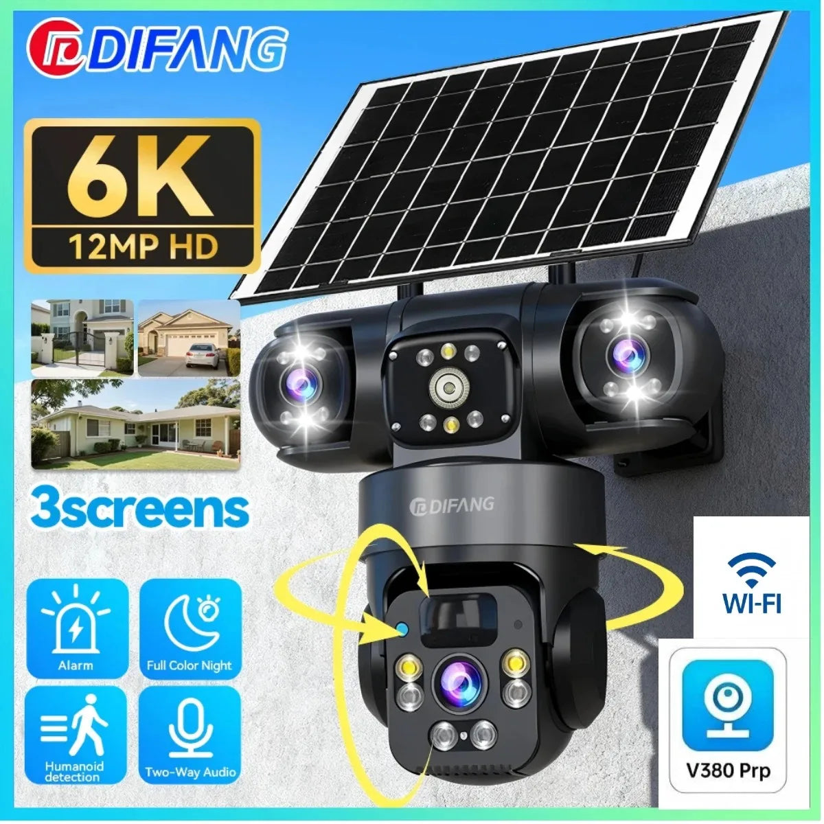 V380 Pro WiFi Triple Screens Solar Camera CCTV AOV 4G LTE Sim Card Video Surveillance Solar IP Camera PTZ 4G Security Protection