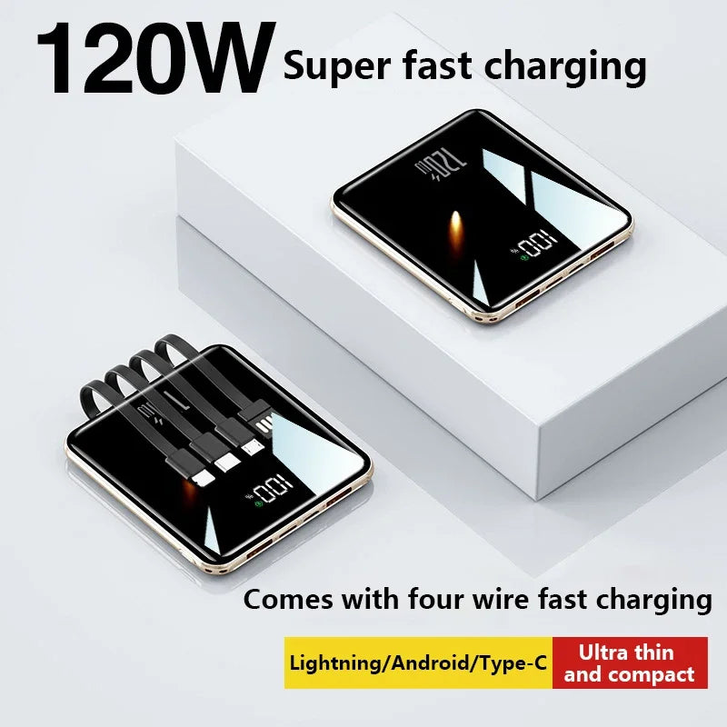 Lenovo Mini 500000mAh Power Bank Large Capacity Super Fast Charging External Battery Built-in 4 Cables for IPhone Samsung Huawei