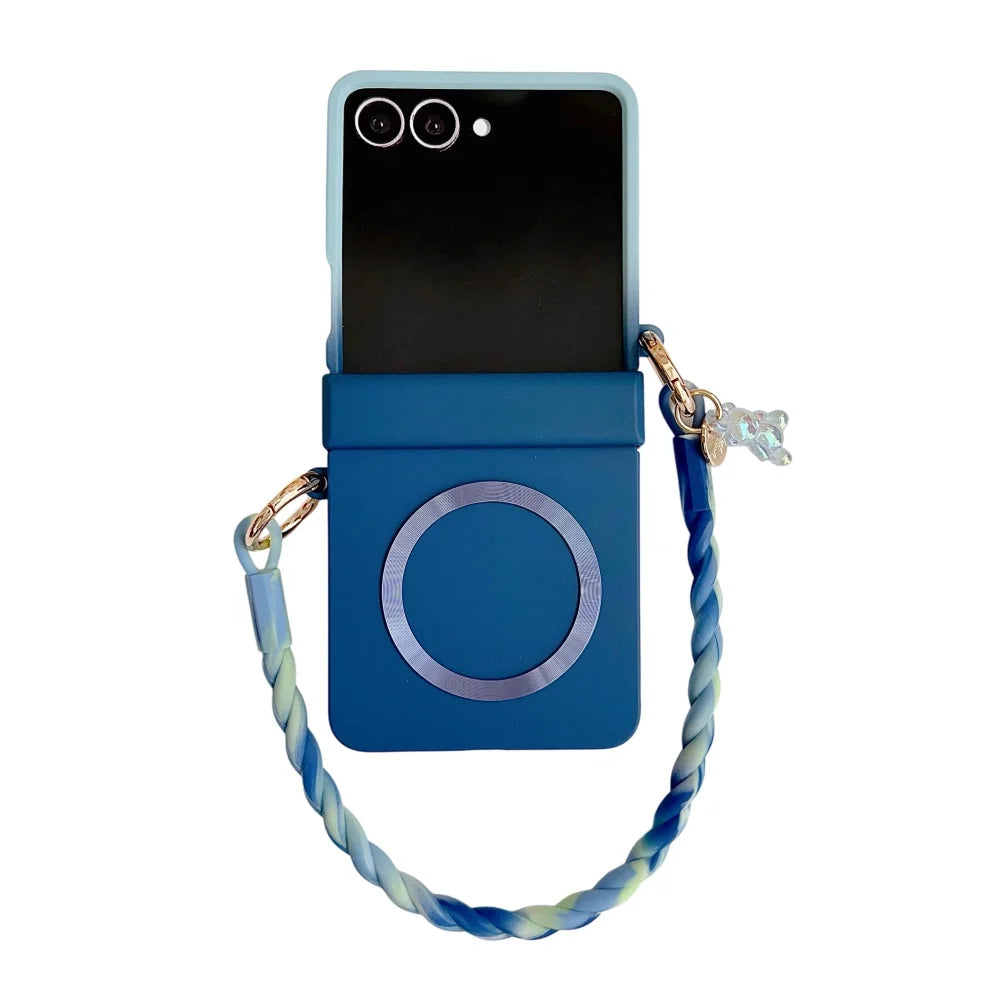 Skin Feeling Wireless Magnetic Lanyard Phone Case For Samsung Galaxy Z Flip 3 4 5 6 7 8 Macaron Gradient Cord PC Hard Shell