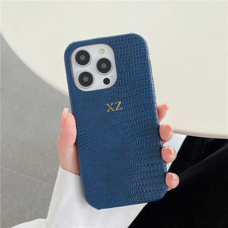 Personalise Gold Initials Letters Leather Cases For iPhone 17 Pro Max 16 Pro 15 14 13 Pro Max Luxury Lizard PU Hard Cover