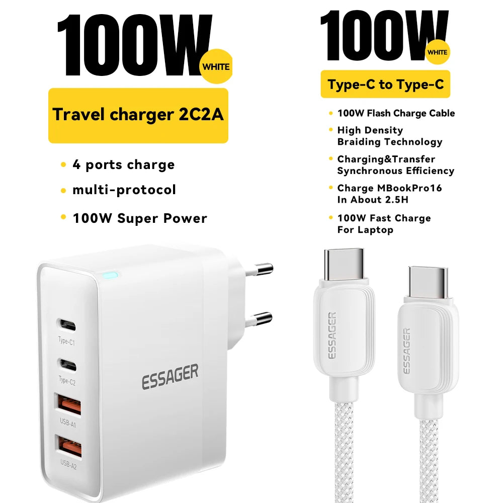Essager 100W USB Type C Charger 65W PD Quick Charge4.0 3.0 Type-C Fast Charging For iPhone 16 15 14 13 Pro Xiaomi Macbook Laptop