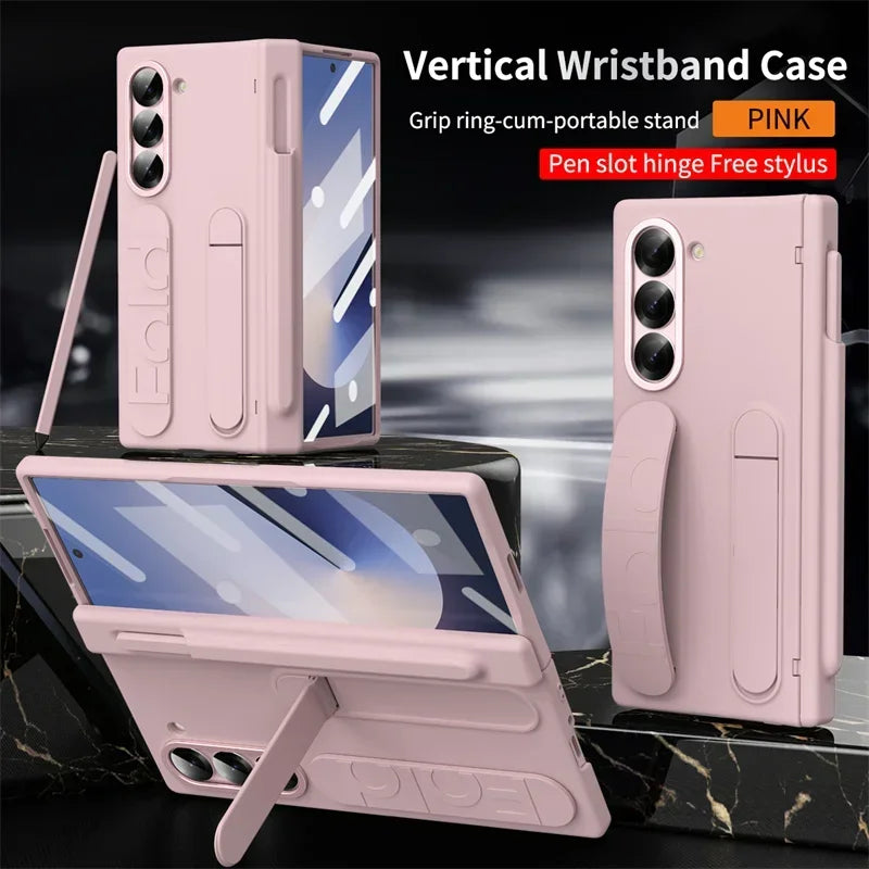 Modern Wrist Band Holder Hinge Case For Samsung Z Fold 7 6 5 4 3 Wrist Band Holder Pen Slot S Pen & Screen Protector Film Cover