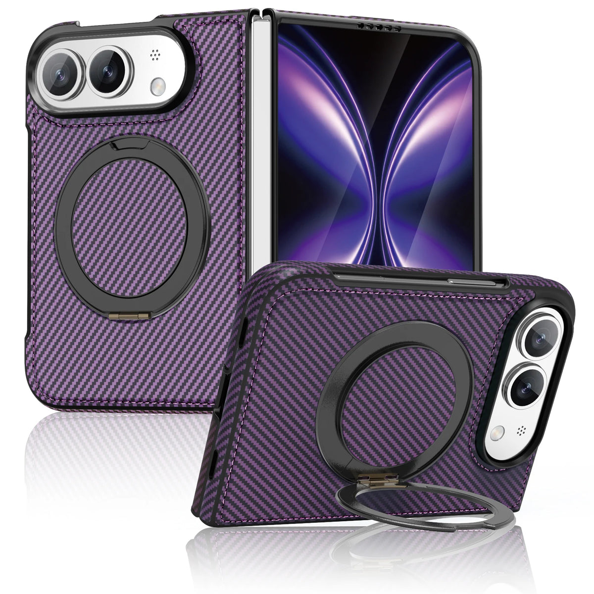 For iPhone Duo Case Luxury Carbon Fiber Texture Magnetic 360 Rotating Ring Holder Shockproof Protection Back Cover Accessories