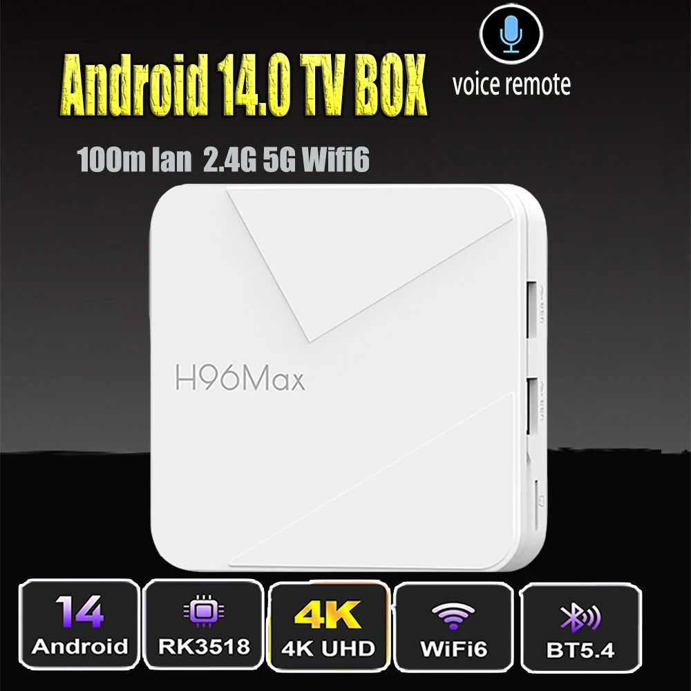 H96 Max Android 14 TV Box Rockchip RK3518 Quad Core 2.4G 5G Wifi6 BT 3D HD 100M LAN 8GB 16GB Voice Remote